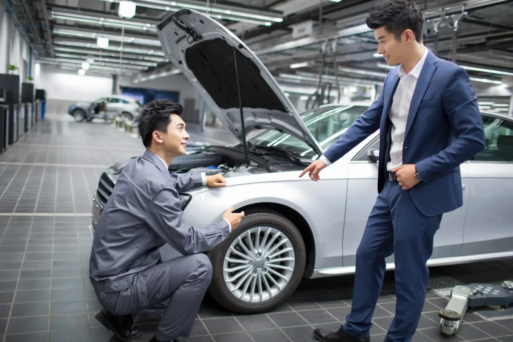uto mechanic talking with car owner
