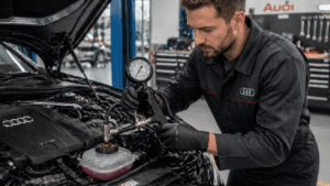 Audi engine cooling system inspection at a workshop in Singapore