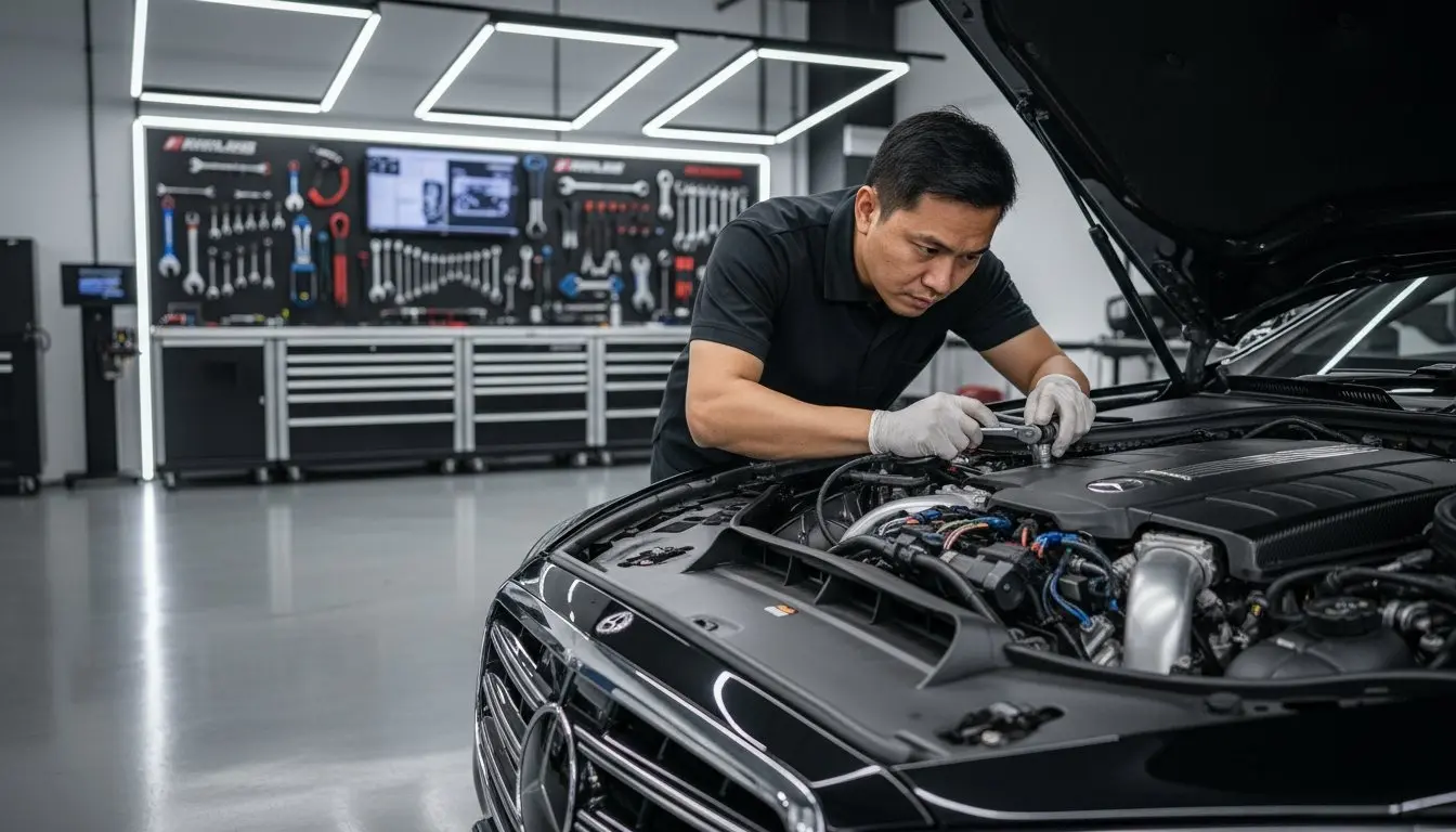 Mechanic using a ratchet to repair a car engine