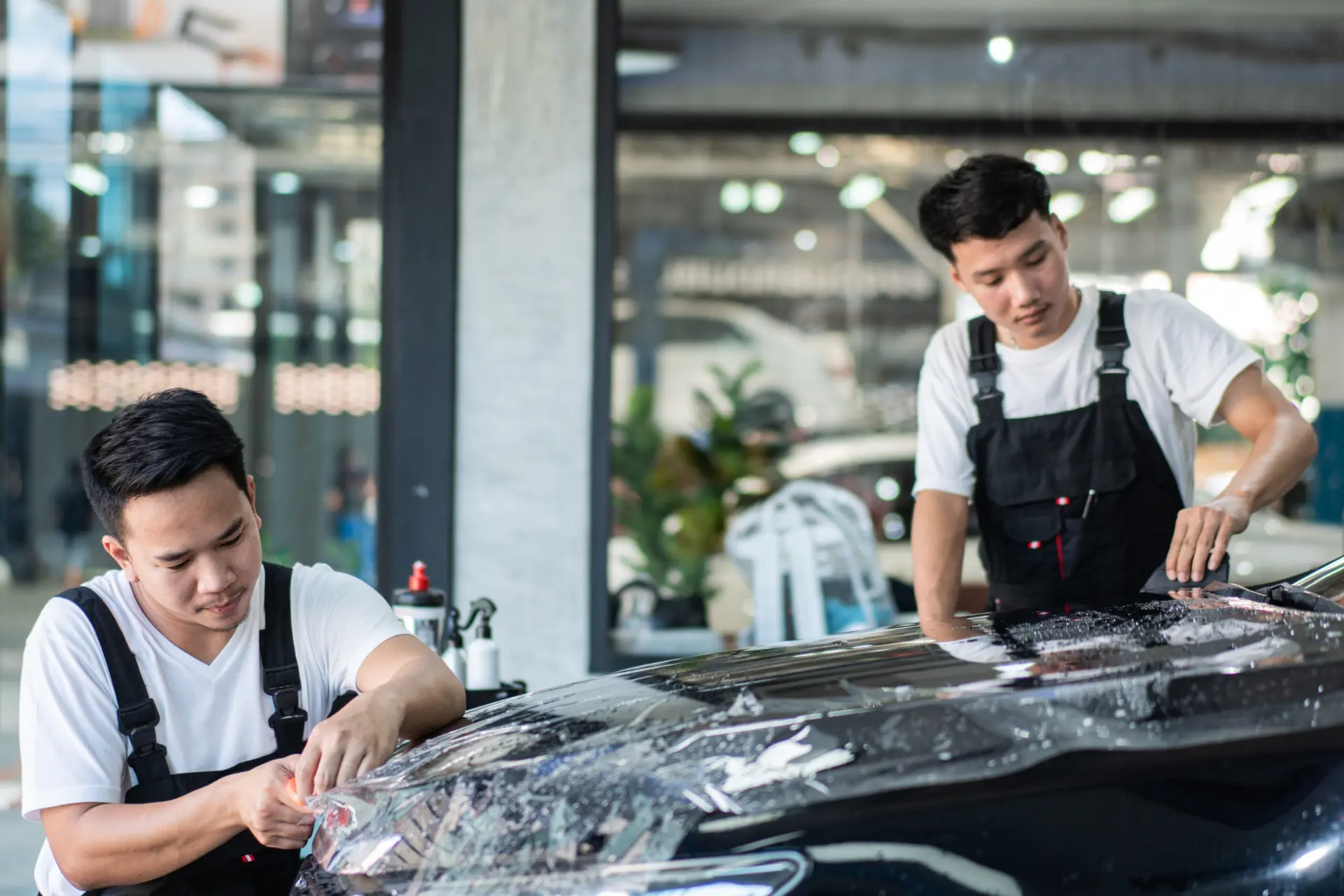 Technicians installing clear paint protection film on a car hood
